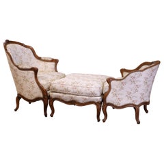 19th Century French Louis XV Carved Walnut Three-Piece Chaise Lounge