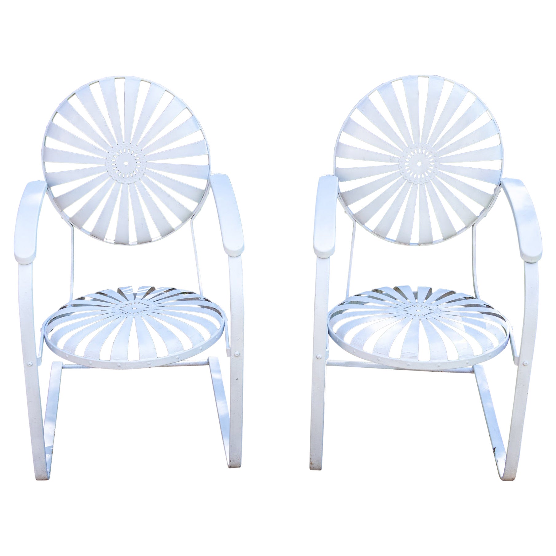 Pair French Cantilevered Spring Garden Arm Chairs by Francois Carre
