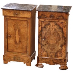 Antique Set of 19th Century French Louis XV Walnut Bedside Cabinets with Marble Tops