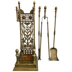 19th c. Aesthetic Movement Brass Fireplace Tools with Kensington Tile in Stand
