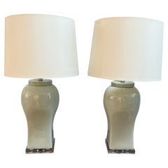 Vintage Pair of Modern Porcelain Lamps on Acrylic Bases with White Paper Shades