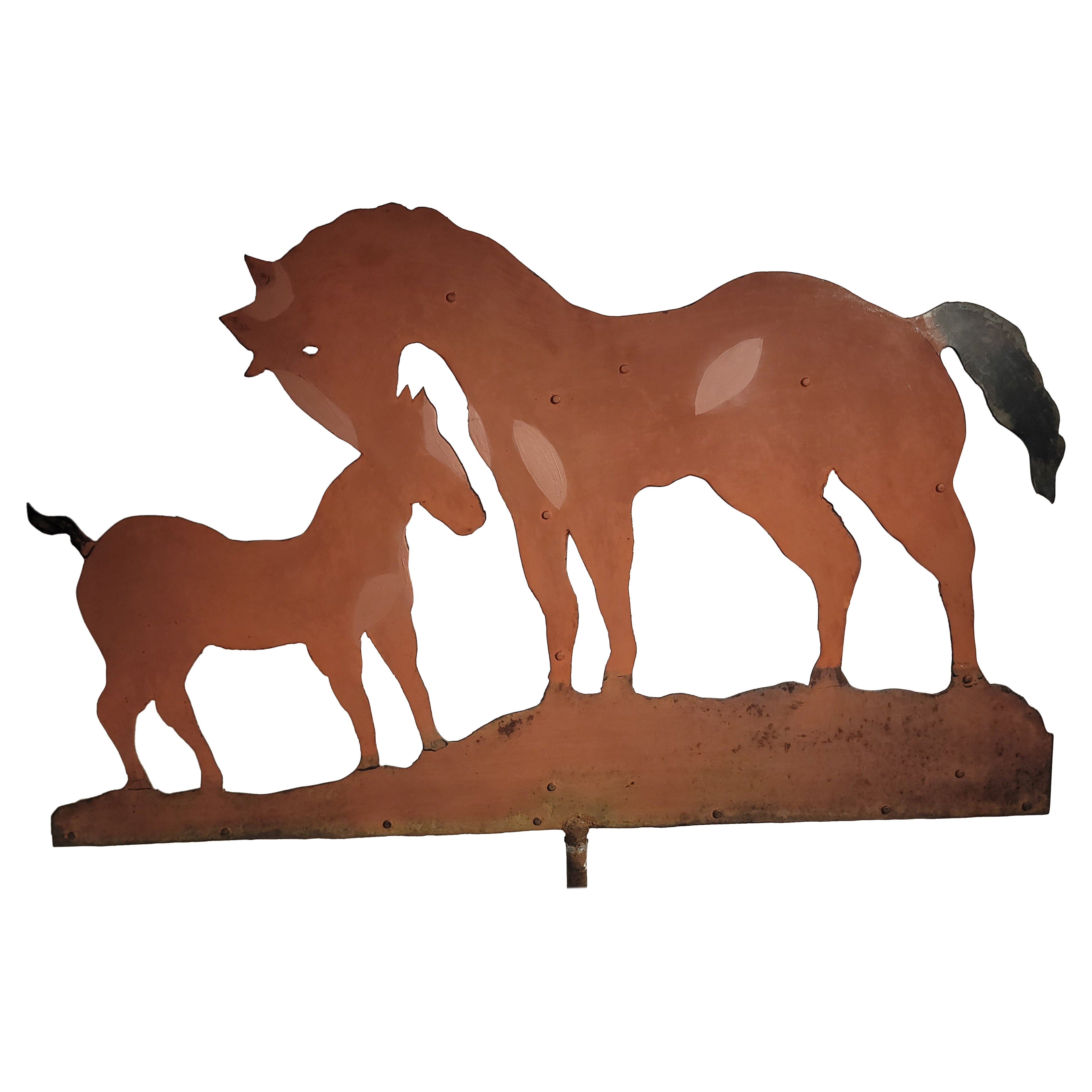 19Thc Rare handmade double horse weather vane from New England farmhouse.This looks like the mother  and her daughter  horse.The salmon & lower part vane has remnants  of mustard paint.It also comes with directionals , but we are have a custom made