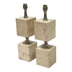 Pair French Mid-Century Travertine & NIckel Table Lamps by Maison Barbier, 1970