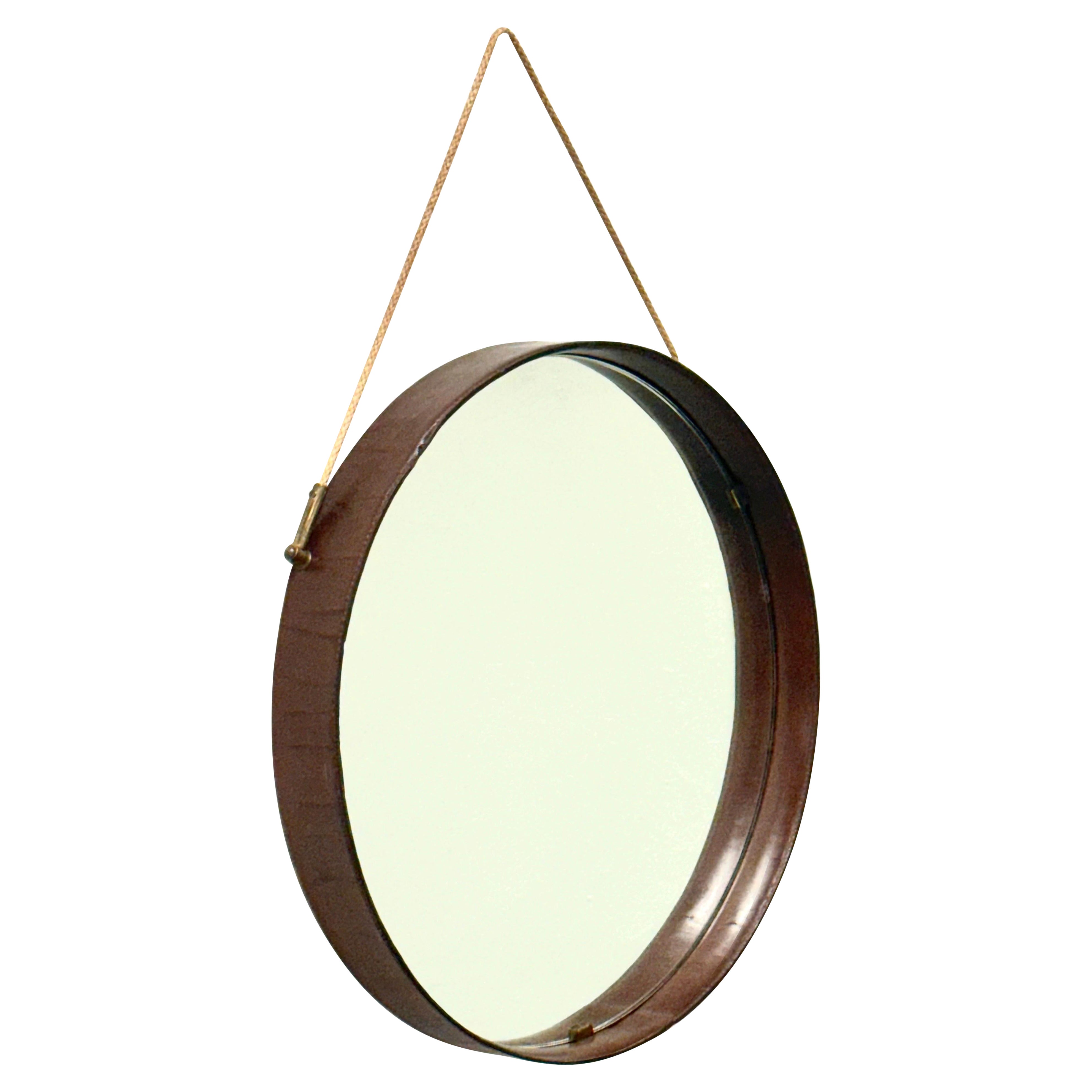 French Mid-Century Round Stitched Dark Brown Leather Mirror, Jacques Adnet, 1955 For Sale