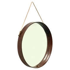 French Mid-Century Round Stitched Dark Brown Leather Mirror, Jacques Adnet, 1955
