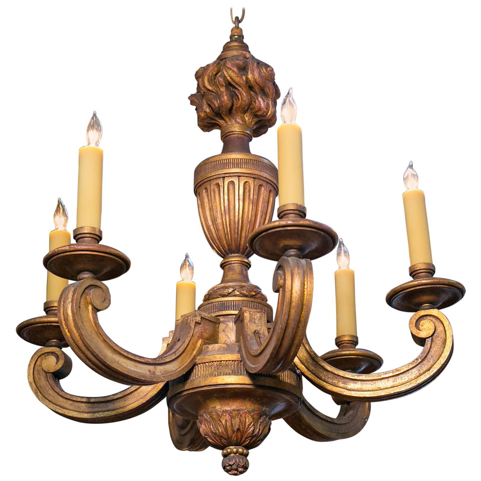 Empire-Style, Antique, Carved Gilt Wood Chandelier with Six Arms. For Sale