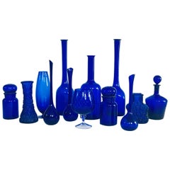 1960's Collection of 13 Vintage Royal Blue glass Vases and Decanters