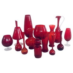 1960's Collection of 14 Vintage Red Glass Vases and Decanters