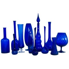 1960's Collection of 12 Vintage Royal Blue Glass Vases and Decanters