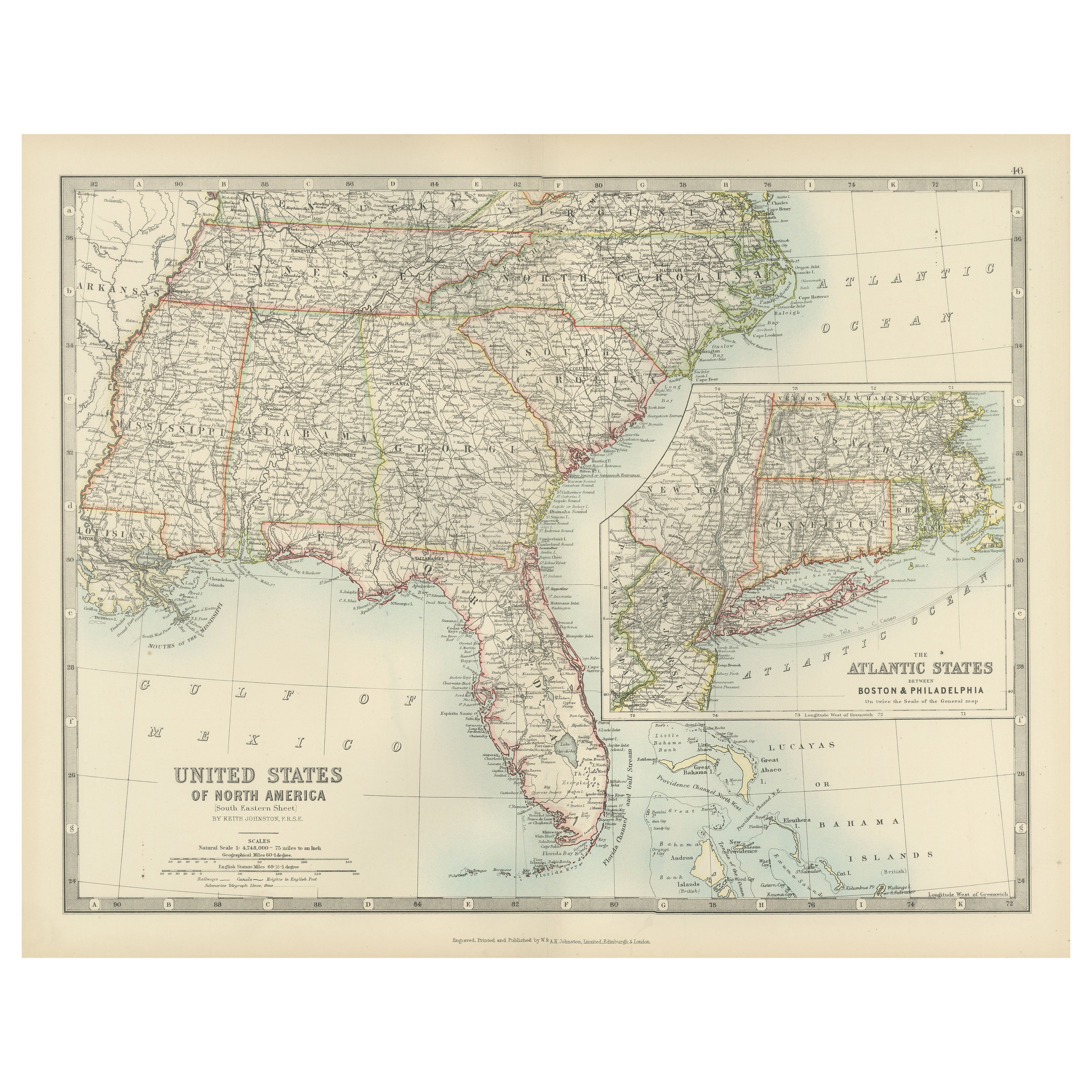 Map of the Southeastern USA and Atlantic States – Vintage 1903 Geography en venta