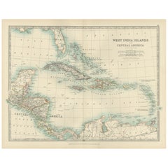 Map of the West India Islands and Central America – Colorful 1903 Engraving
