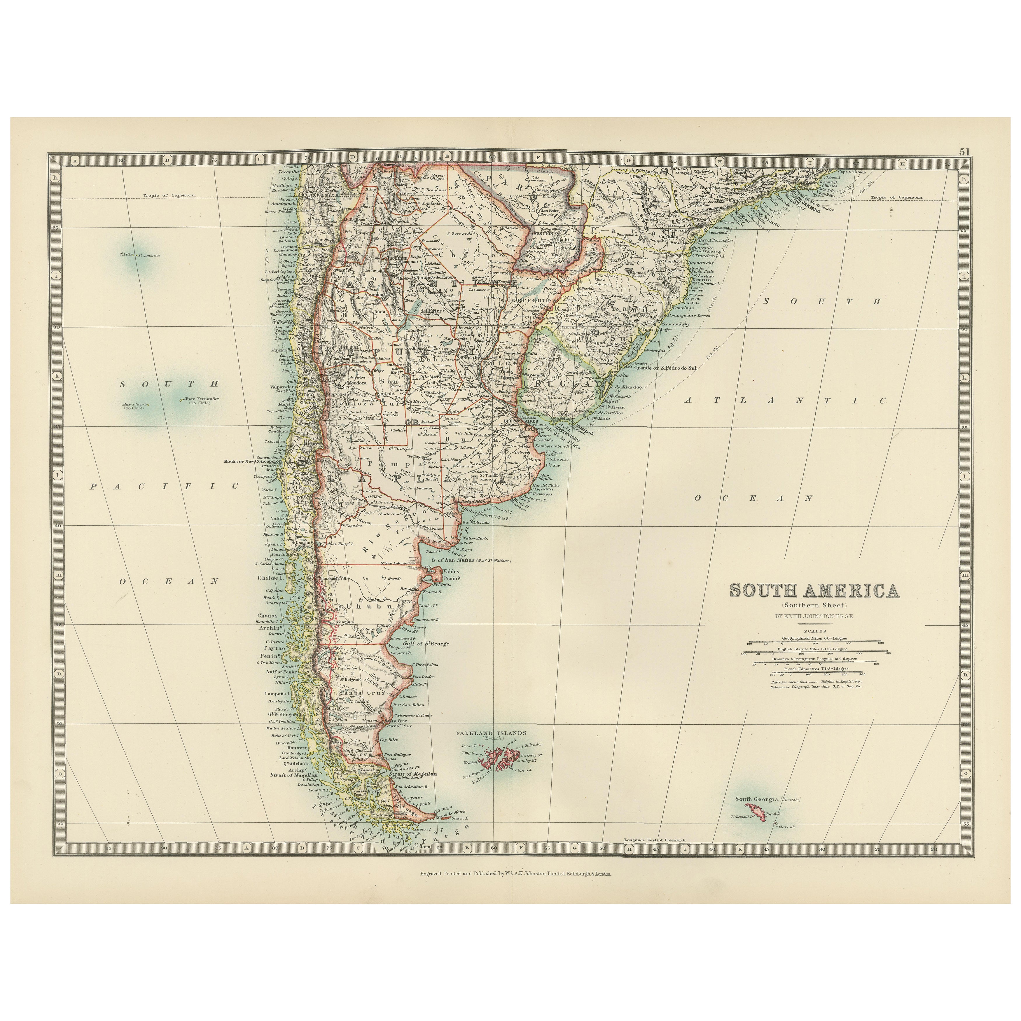 Map of Southern South America – Richly Detailed Engraving by K.Johnston, 1903
