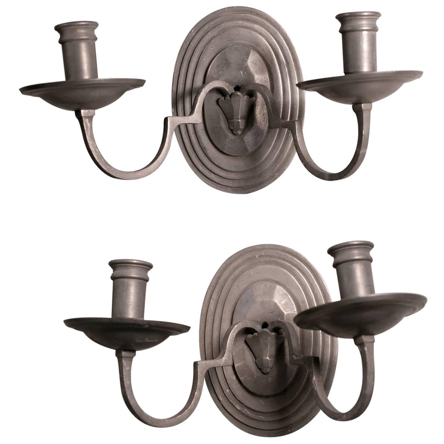 Pair Art Deco-Style Pewter Candle Sconces from Italy, circa 1960