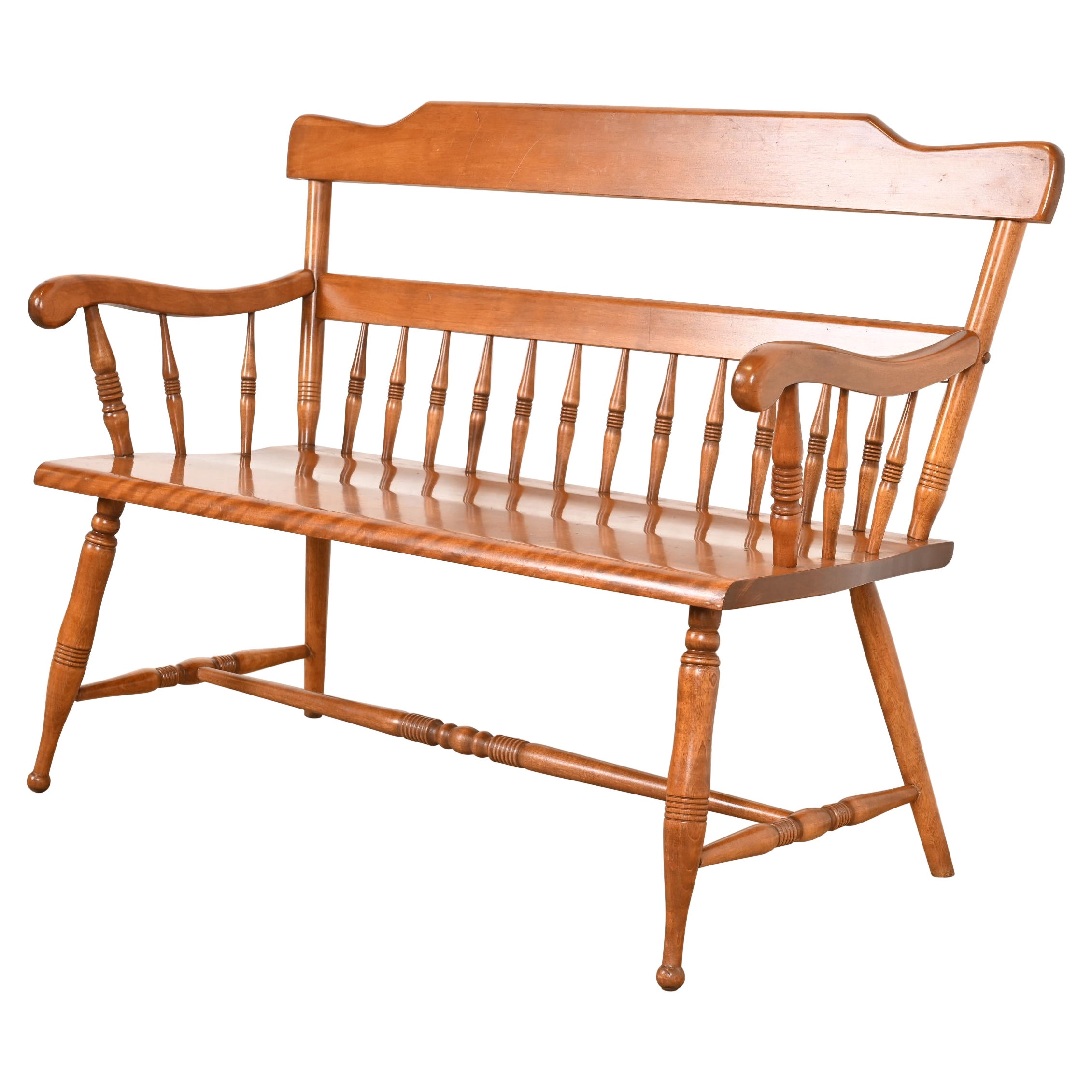 American Colonial Carved Solid Maple Spindle Bench