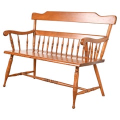 American Colonial Carved Solid Maple Spindle Bench