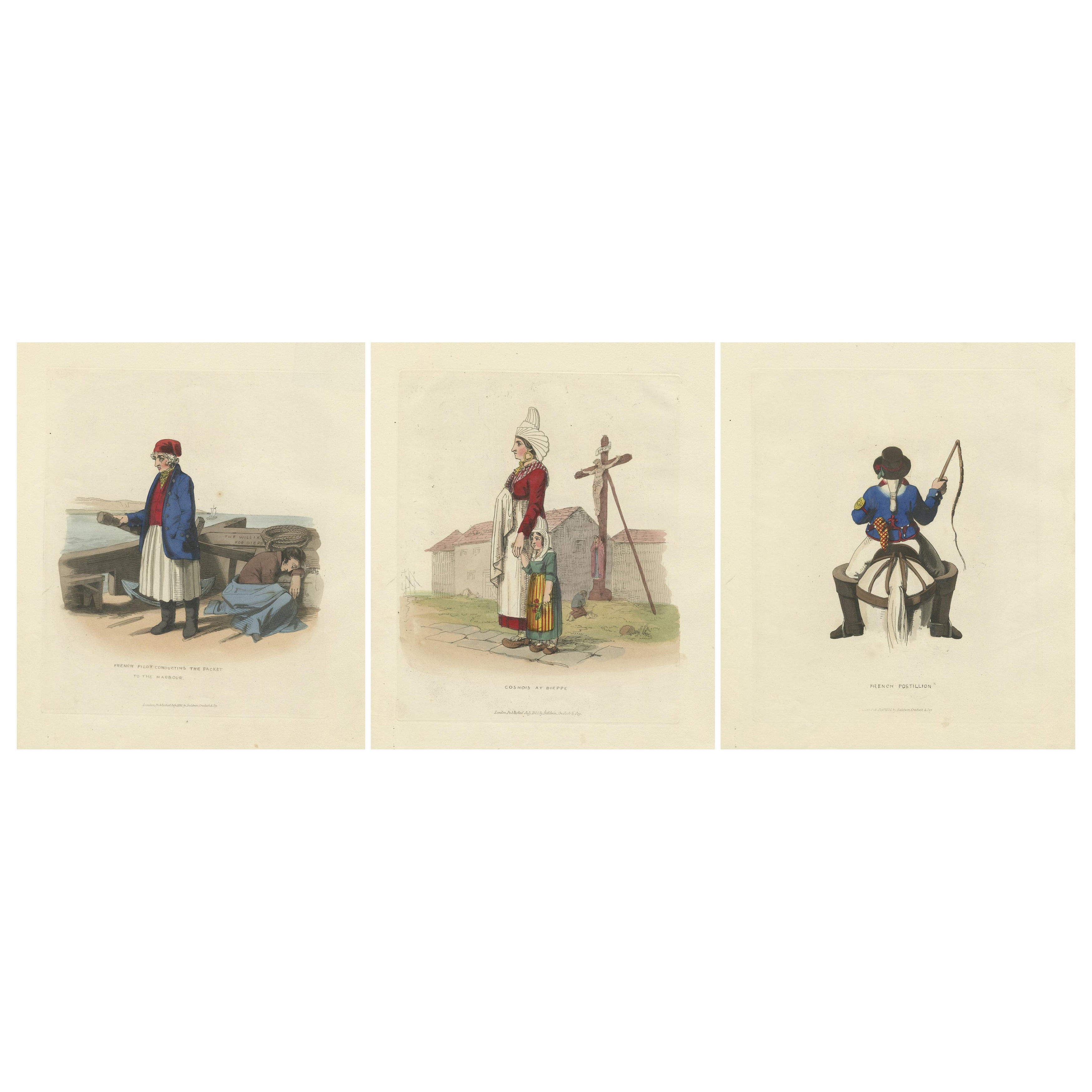 French Costumes and Trades – 3 Finely Coloured Prints by R. Bridgens, 1835