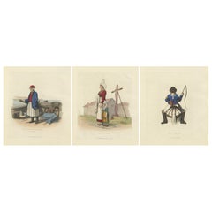 French Costumes and Trades – 3 Finely Coloured Prints by R. Bridgens, 1835