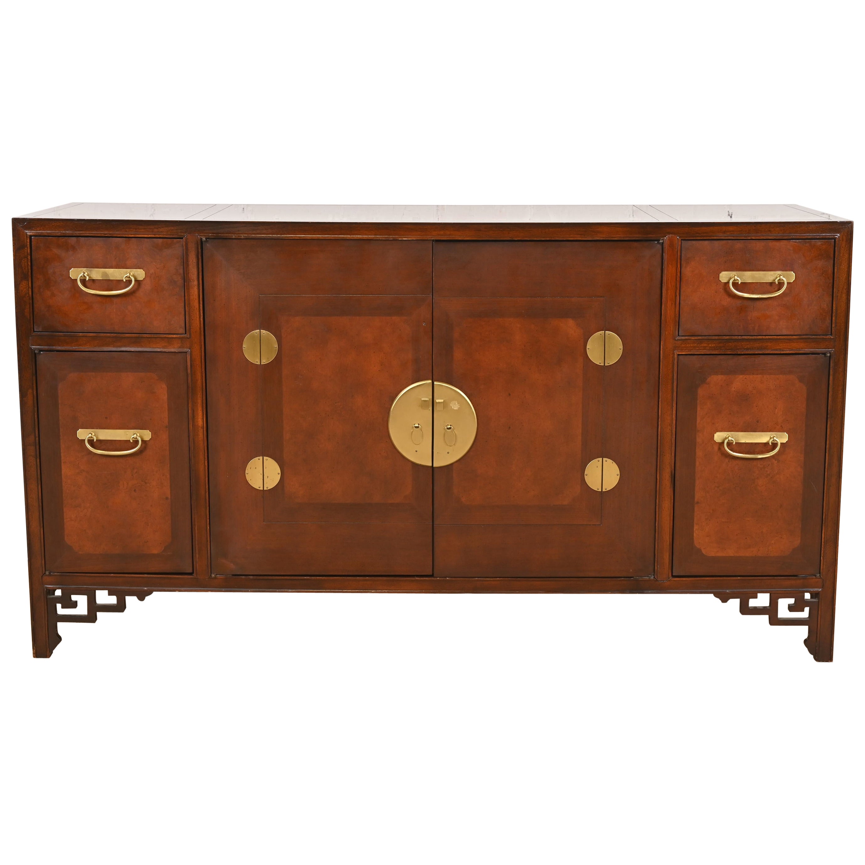 Michael Taylor for Baker Hollywood Regency Chinoiserie Burled Walnut Sideboard