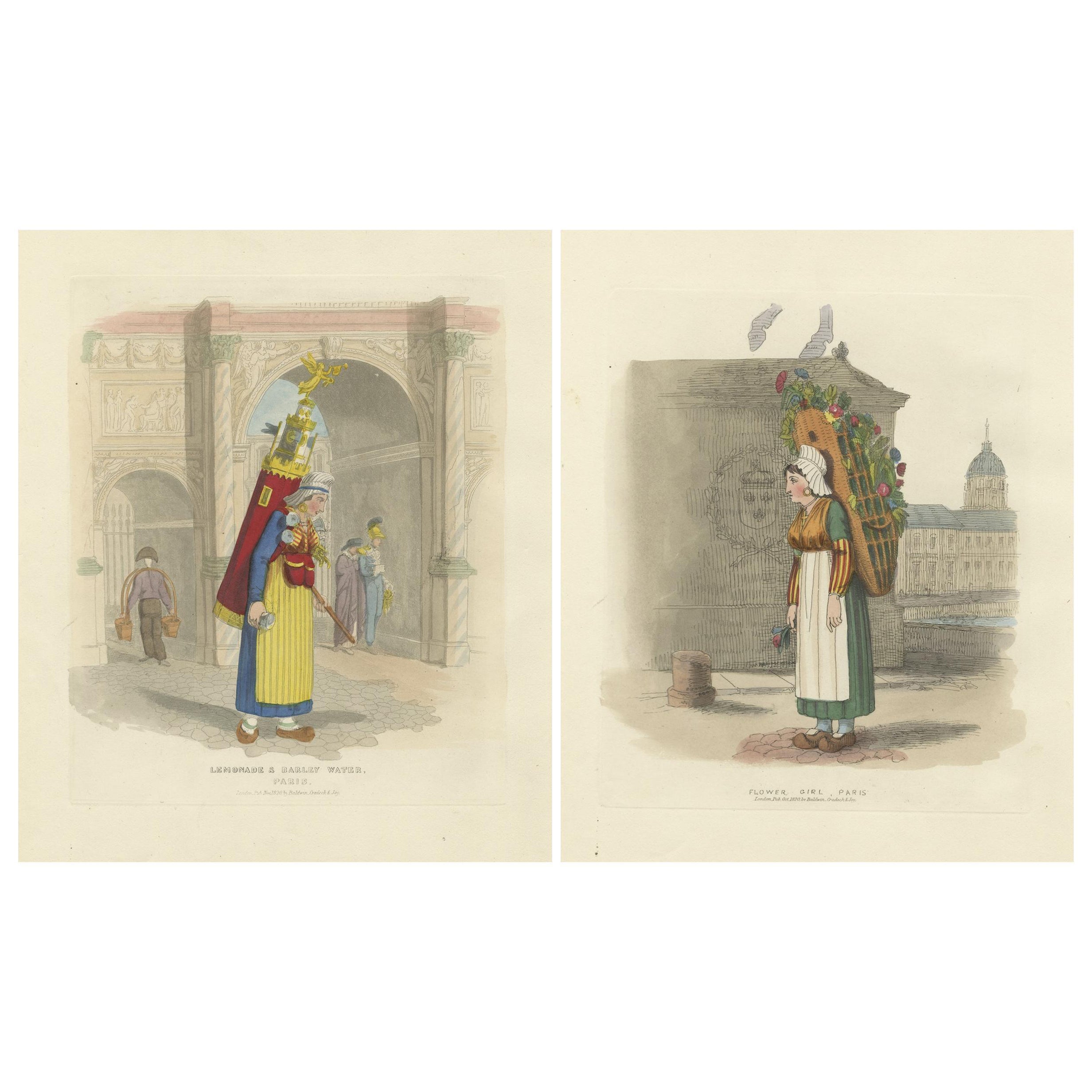 Parisian Life in 1835 – Flower Girl and Lemonade Seller, Fine Coloured Prints en vente