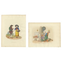Antique Alpine Folklore – Mount Cenis Costumes and Hearthside Scene, 1835
