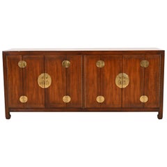 Henredon Hollywood Regency Chinoiserie Walnut and Brass Sideboard Credenza