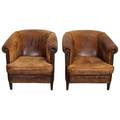 Vintage Dutch Cognac Colored Leather Club Chair, Set of 2