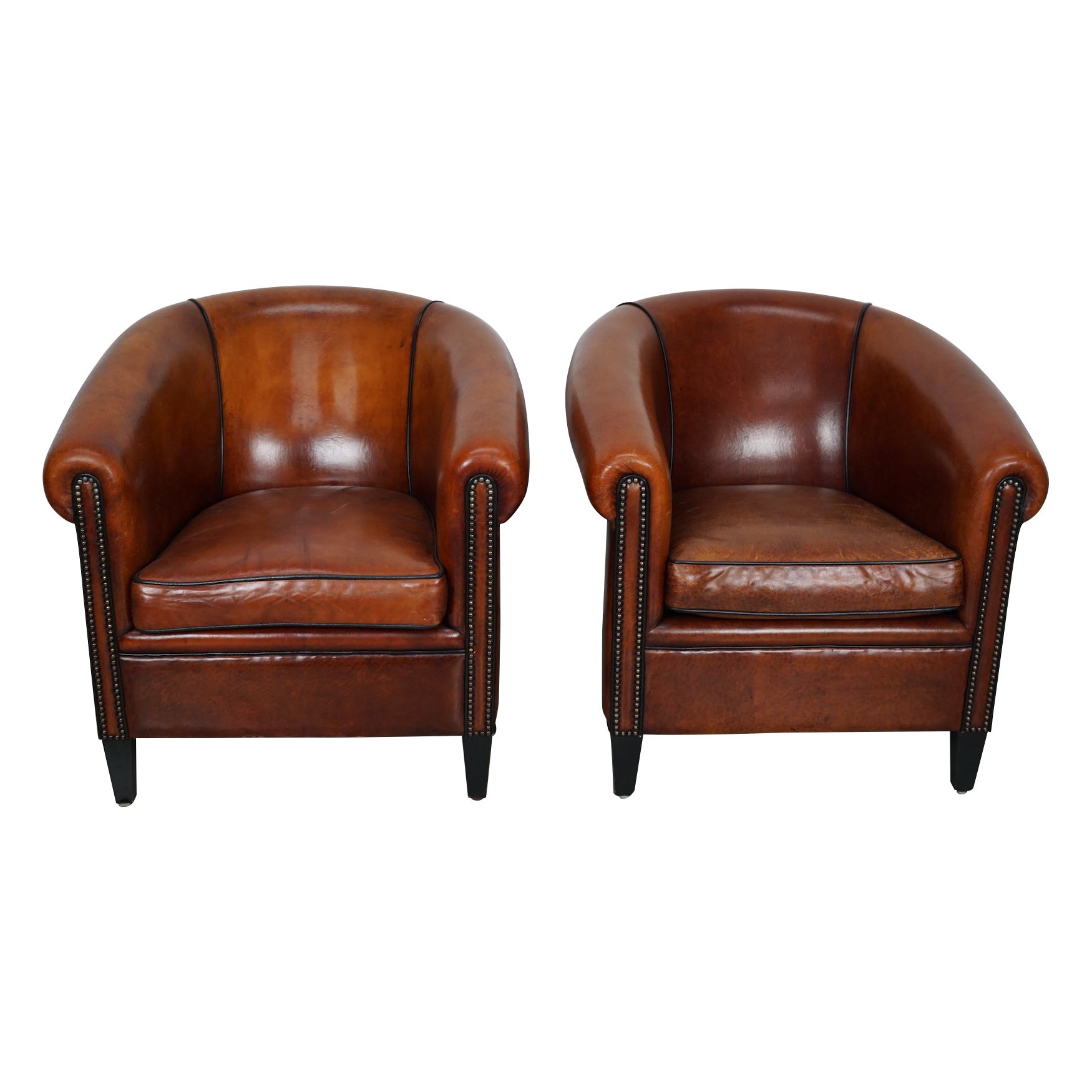 Vintage Dutch Cognac Colored Leather Club Chair, Set of 2
