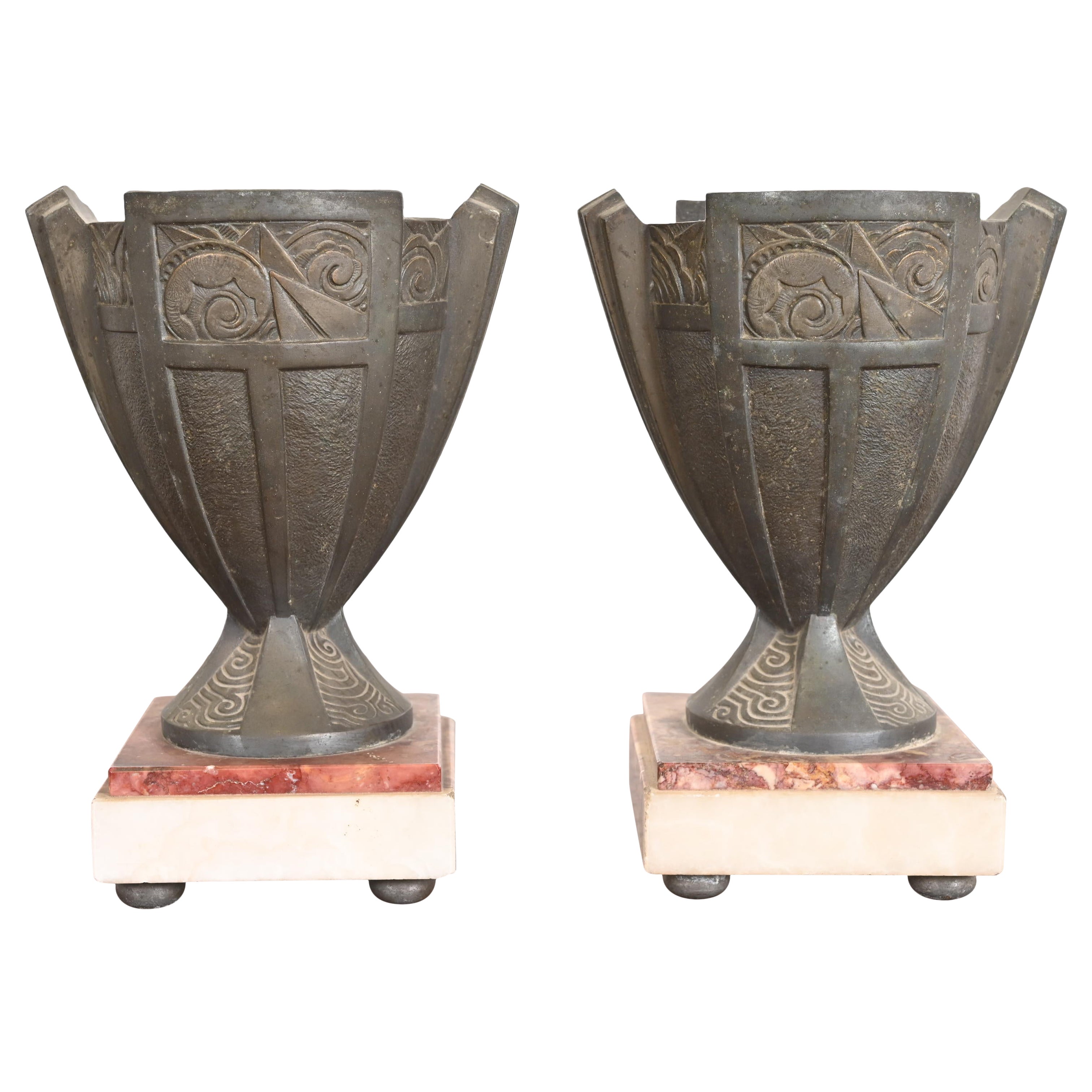Antique French Art Deco Bronze and Marble Urns or Vases, Circa 1920s
