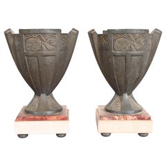 Antique French Art Deco Bronze and Marble Urns or Vases, Circa 1920s