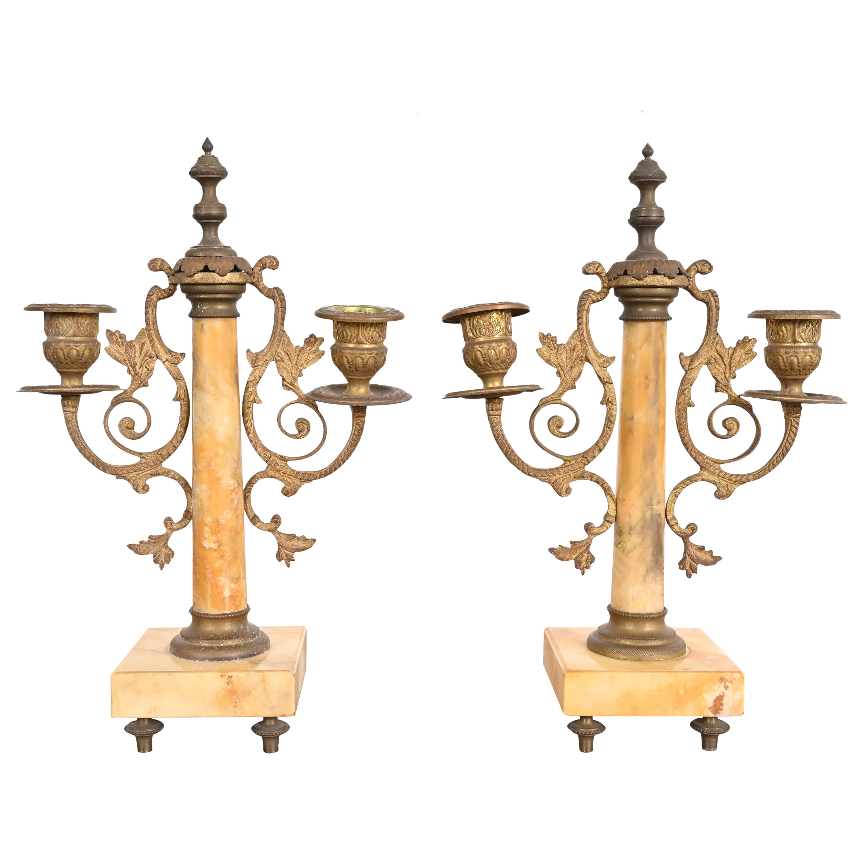 Antique French Art Nouveau Marble and Brass Two-Arm Candelabras, Pair en vente