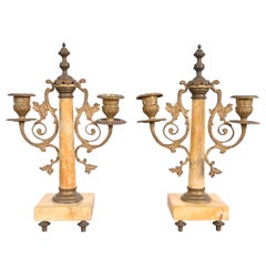 Antique French Art Nouveau Marble and Brass Two-Arm Candelabras, Pair