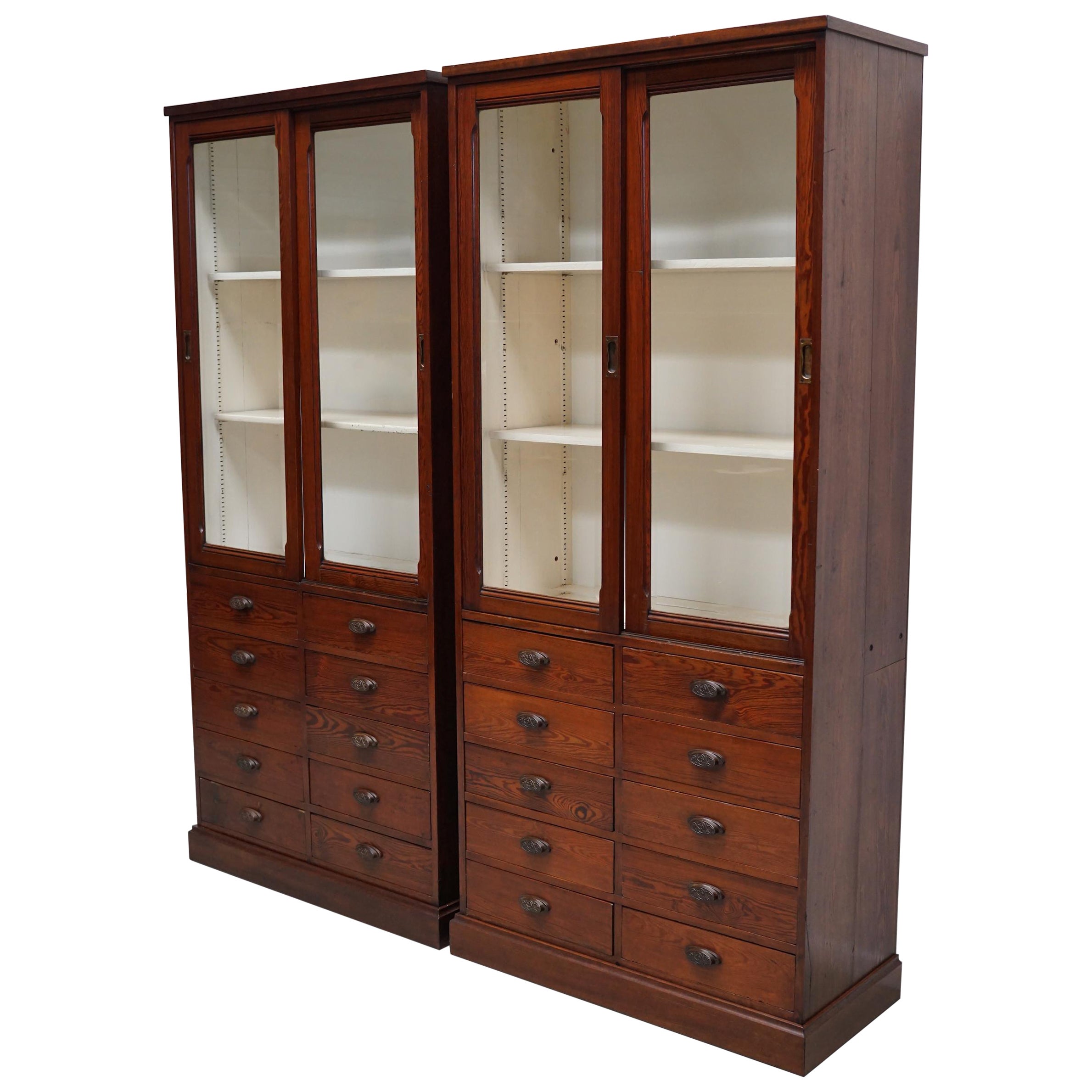 Large Antique Belgian Pitch Pine Apothecary Shop Cabinet / Vitrine, ca 1900