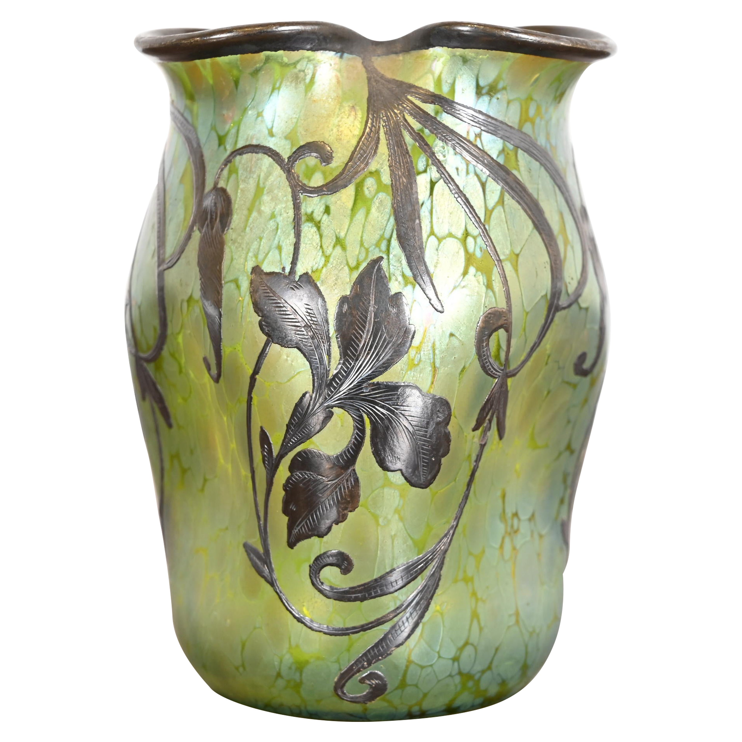 Loetz Art Nouveau Iridescent Art Glass Vase With Sterling Silver Overlay