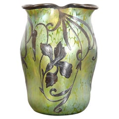 Loetz Art Nouveau Iridescent Art Glass Vase With Sterling Silver Overlay