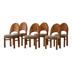 Set of 6 Sculptural Danish Modern Brutalist Chairs in Pine & Lambswool, 1970s