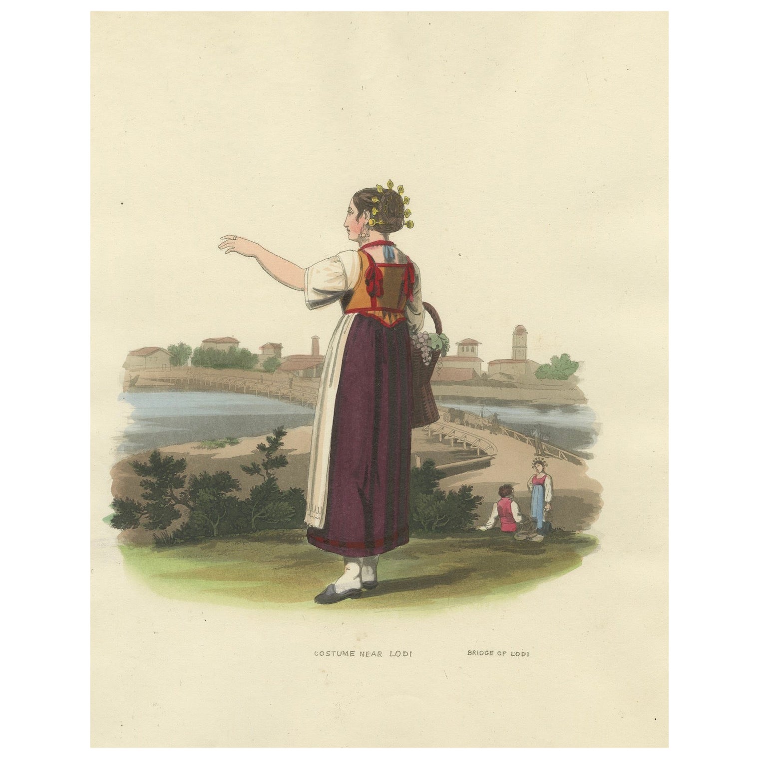 Gravure en costume : Femme près du pont de Lodi, Lombardie, Italie - Gravure des années 1820 en vente