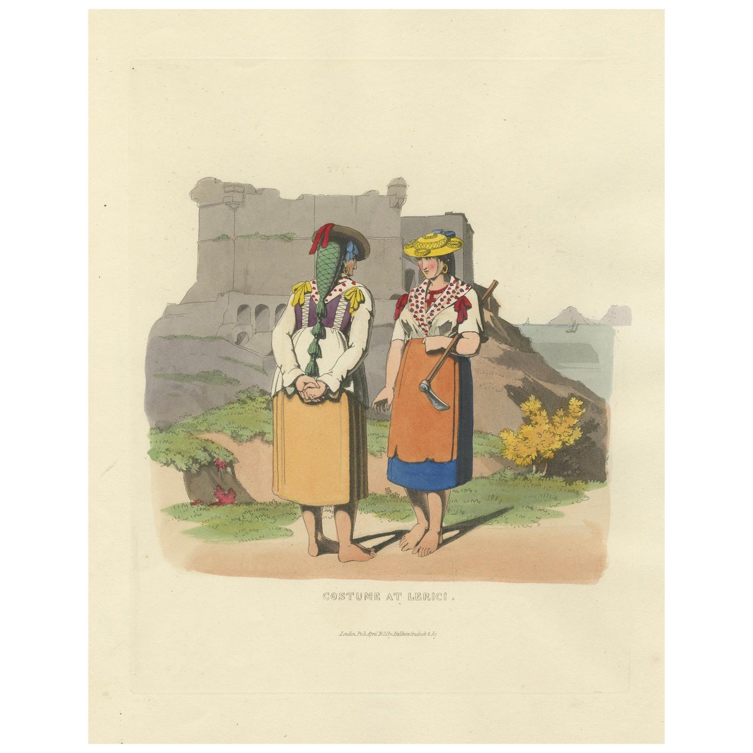 Gravure en costume : Paysannes à Lerici en Italie, gravure à la main des années 1820