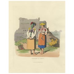 Costume Print: Peasant Women at Lerici in Italy, 1820s Hand-Colored Engraving