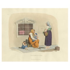 Antique Costume Print: Women and Children in Pisa, 1820s Hand-Colored Engraving