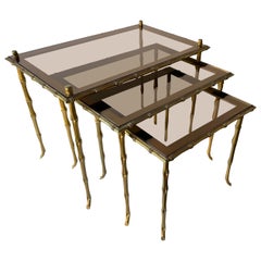 Set of 3 Nesting Tables Bamboo Gilt Bronze by Maison Baguès. France, 1960s