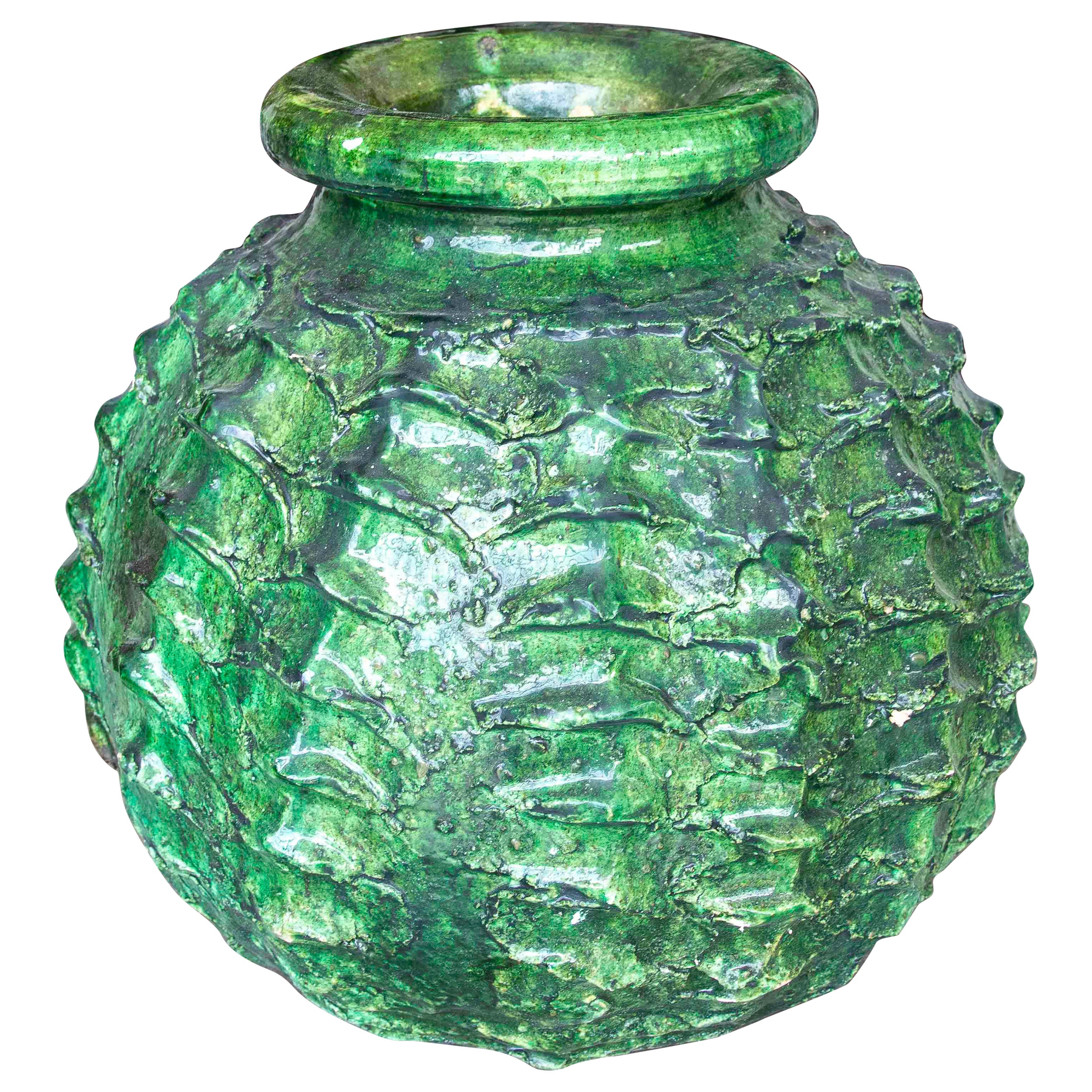 Textured Green Glazed Sculptural Vase For Sale