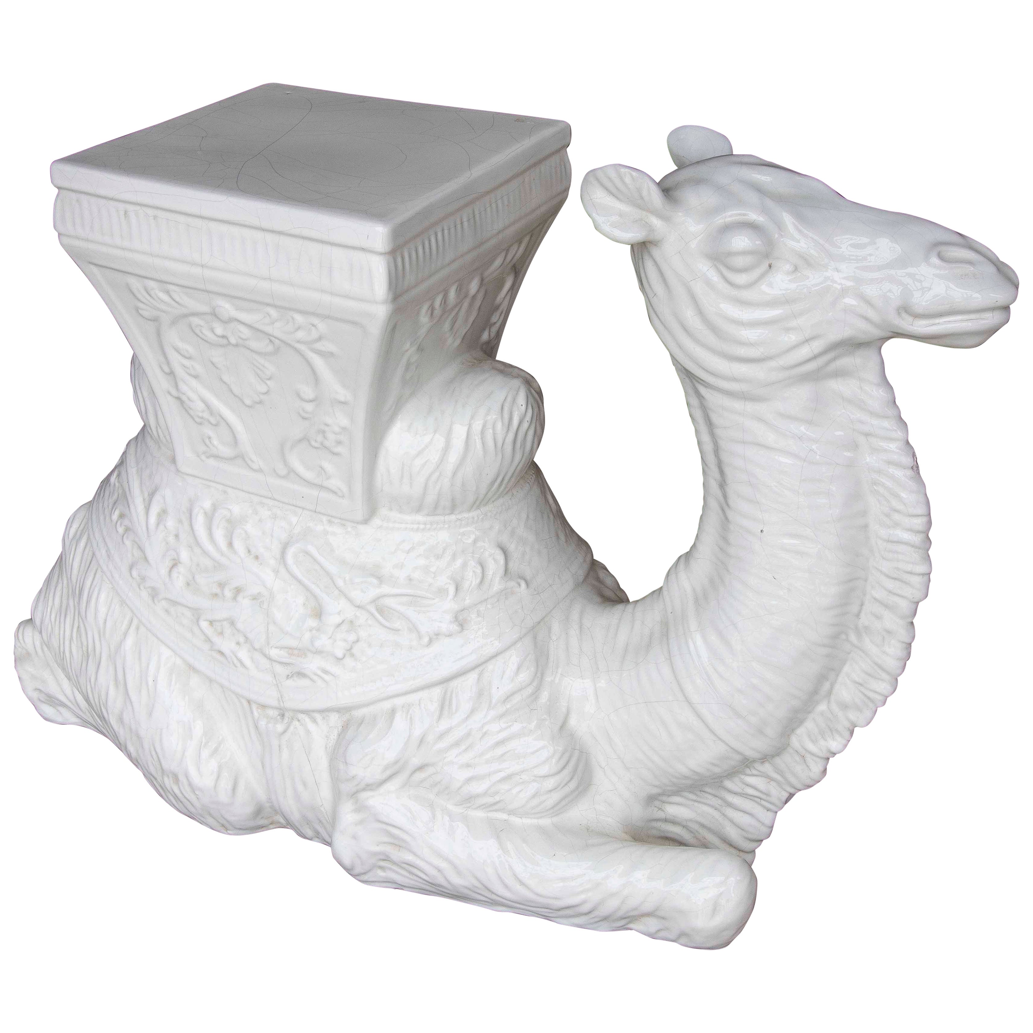 1980s Decorative Sculpture of a Lying Camel in White Glazed Ceramic For Sale