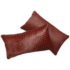 Pair of Contemporary Burgundy Laser Cut Cowhide Hair Lumbar Pillow
