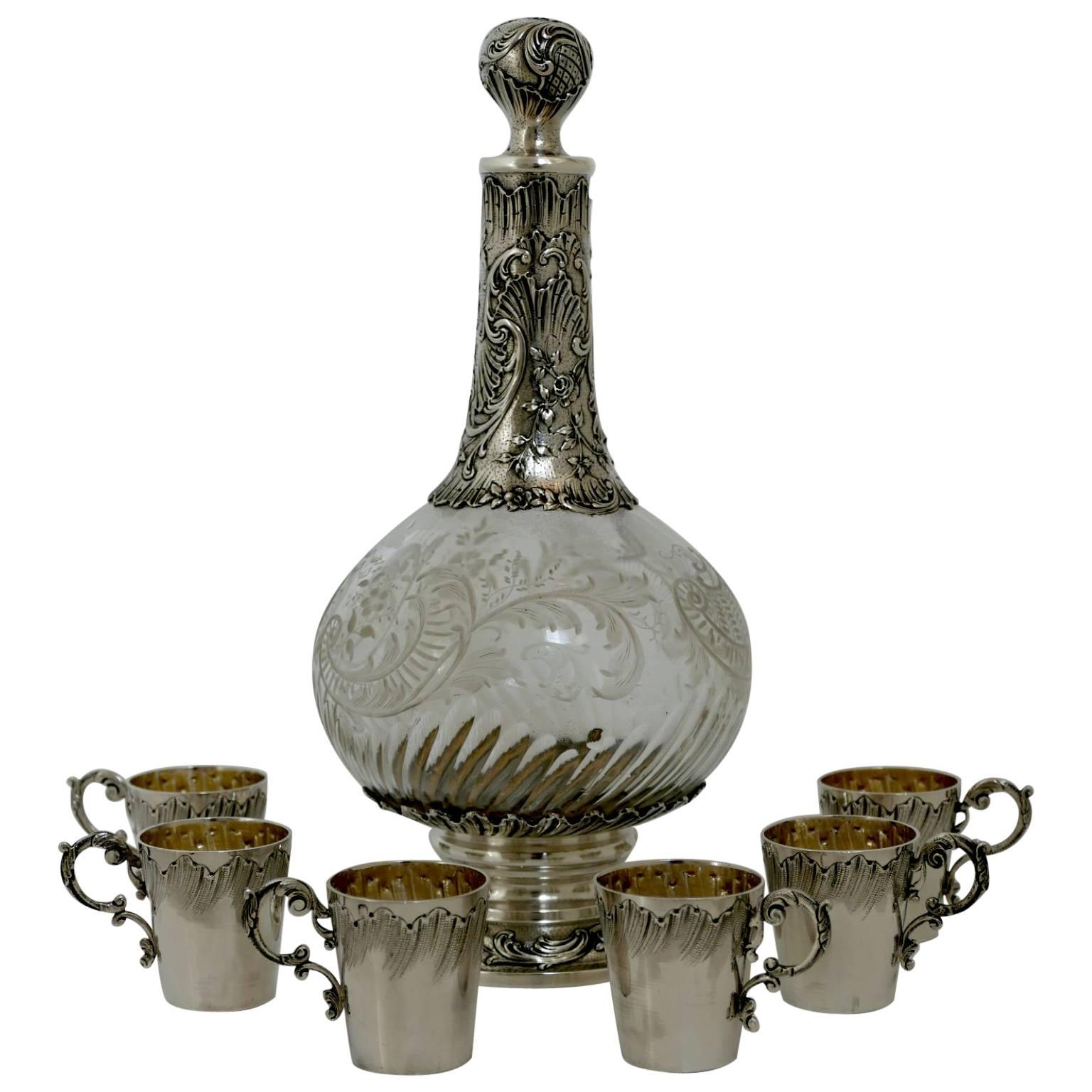 Fabulous French Sterling Silver Baccarat Crystal Liquor Service Rococo