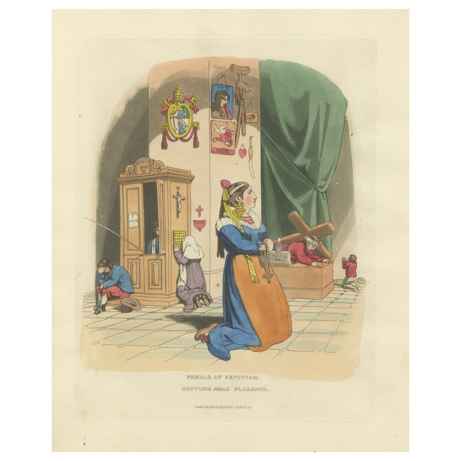 Gravure de costume : Femme en dévotion, près de Florence, gravure à la main des années 1820