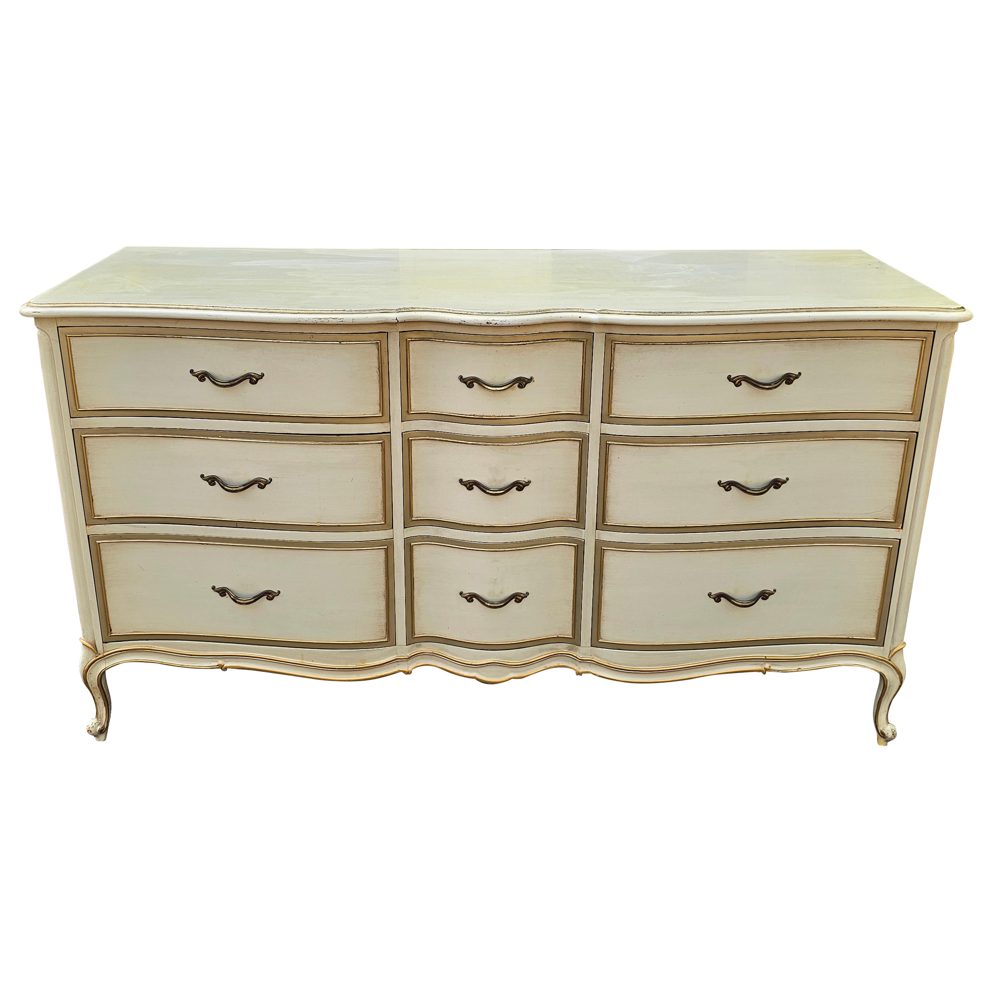 Drexel Provincial Serpentine Mahogany Partial Gilt and Cream Triple Dresser