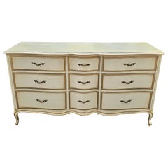 Drexel Provincial Serpentine Mahogany Partial Gilt and Cream Triple Dresser