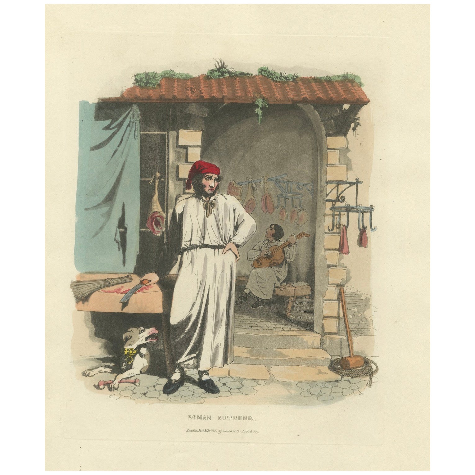 Costume Print: Roman Butcher at Work, 1820s Hand-Colored Engraving