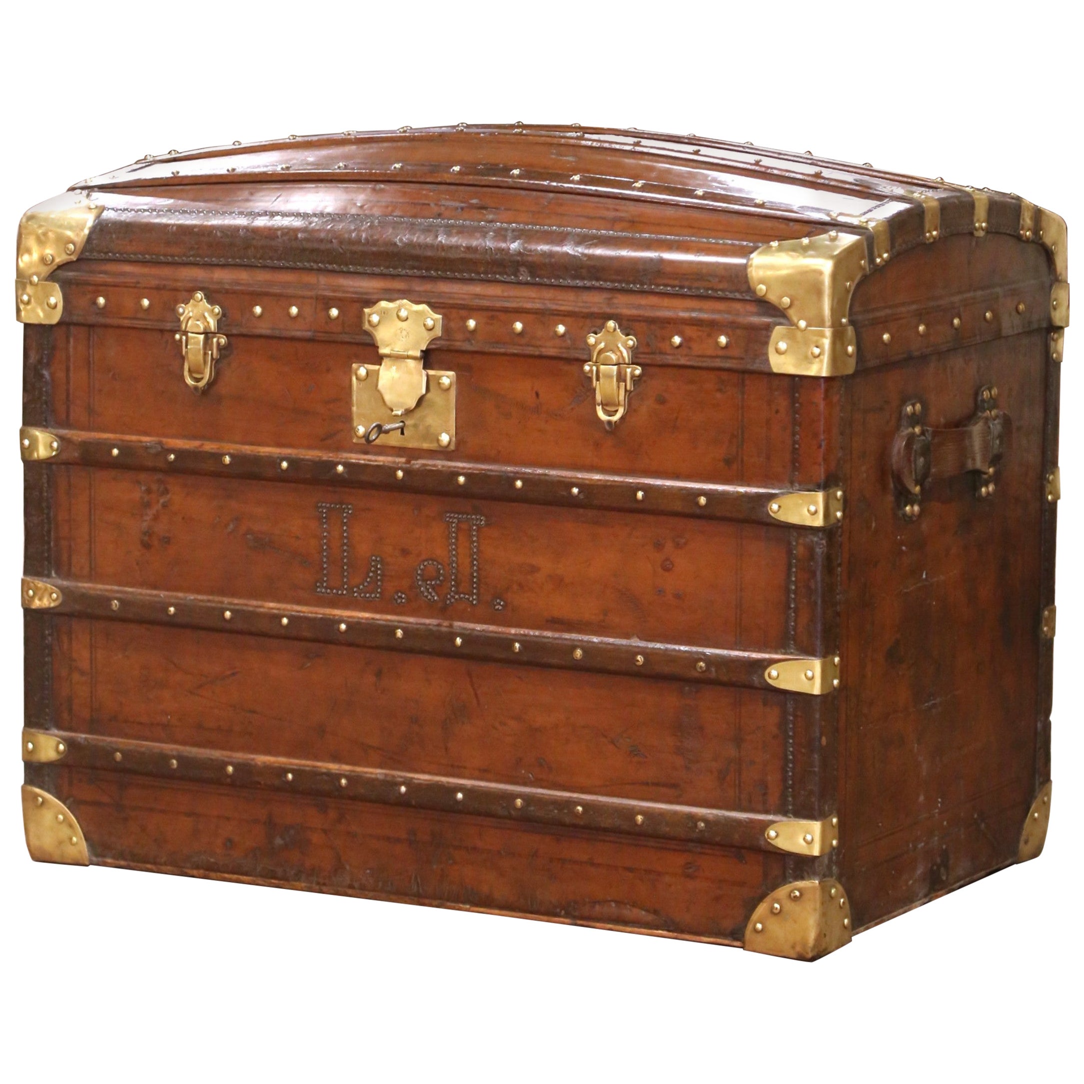 19th Century French Poplar, Iron and Leather Bombe Trunk Luggage from Paris