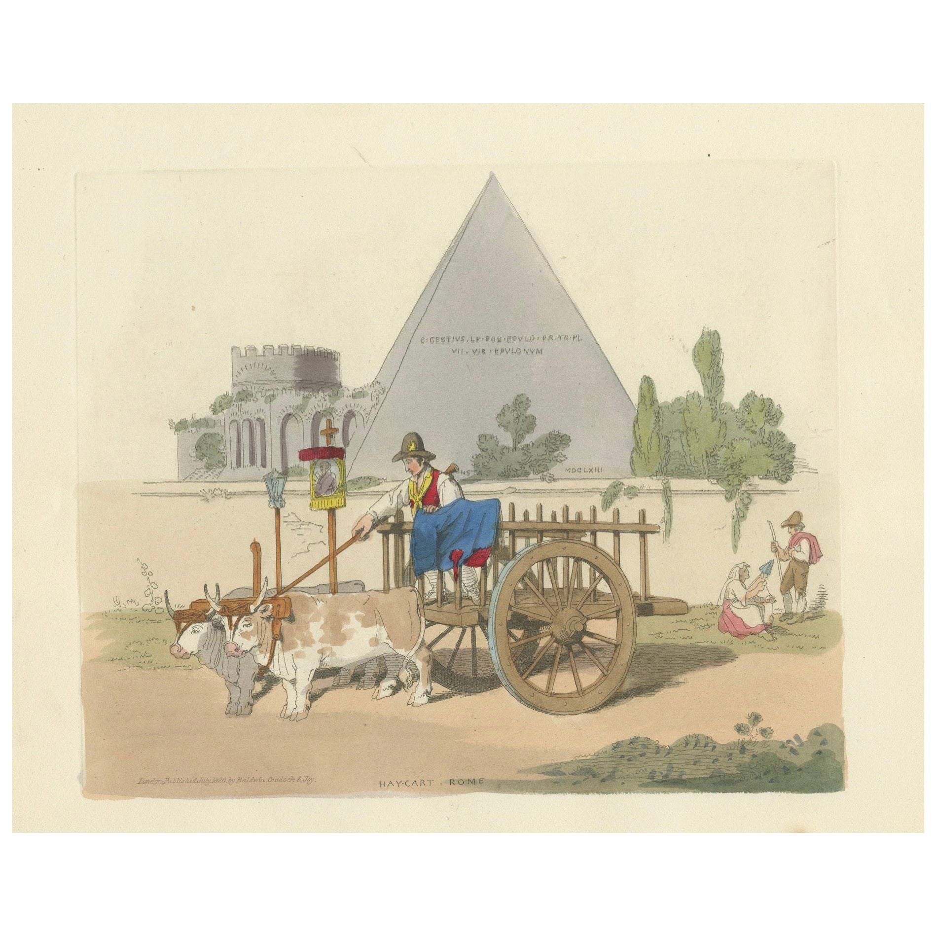 Agricultural Print: Haycart in Rome, 1820s Hand-Colored Engraving